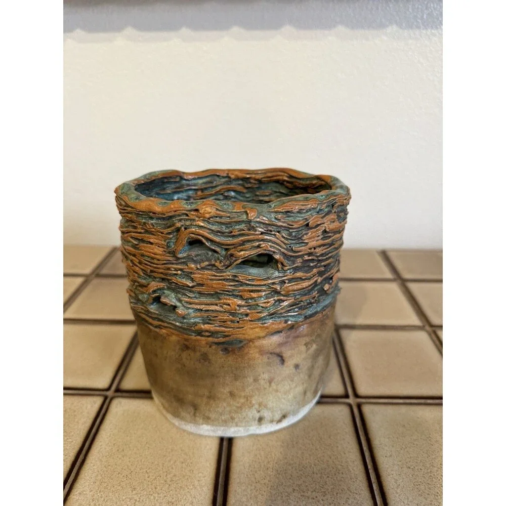 Signed JM Studio Art Pottery Vase Texture Bark Turquoise Brown Sculptural Vessel